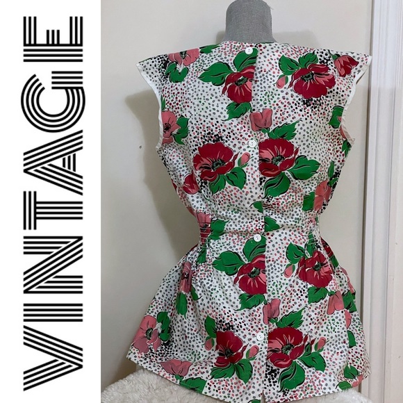 1950s floral peplum smock with button-down back, collar and big front pockets - Picture 2 of 11